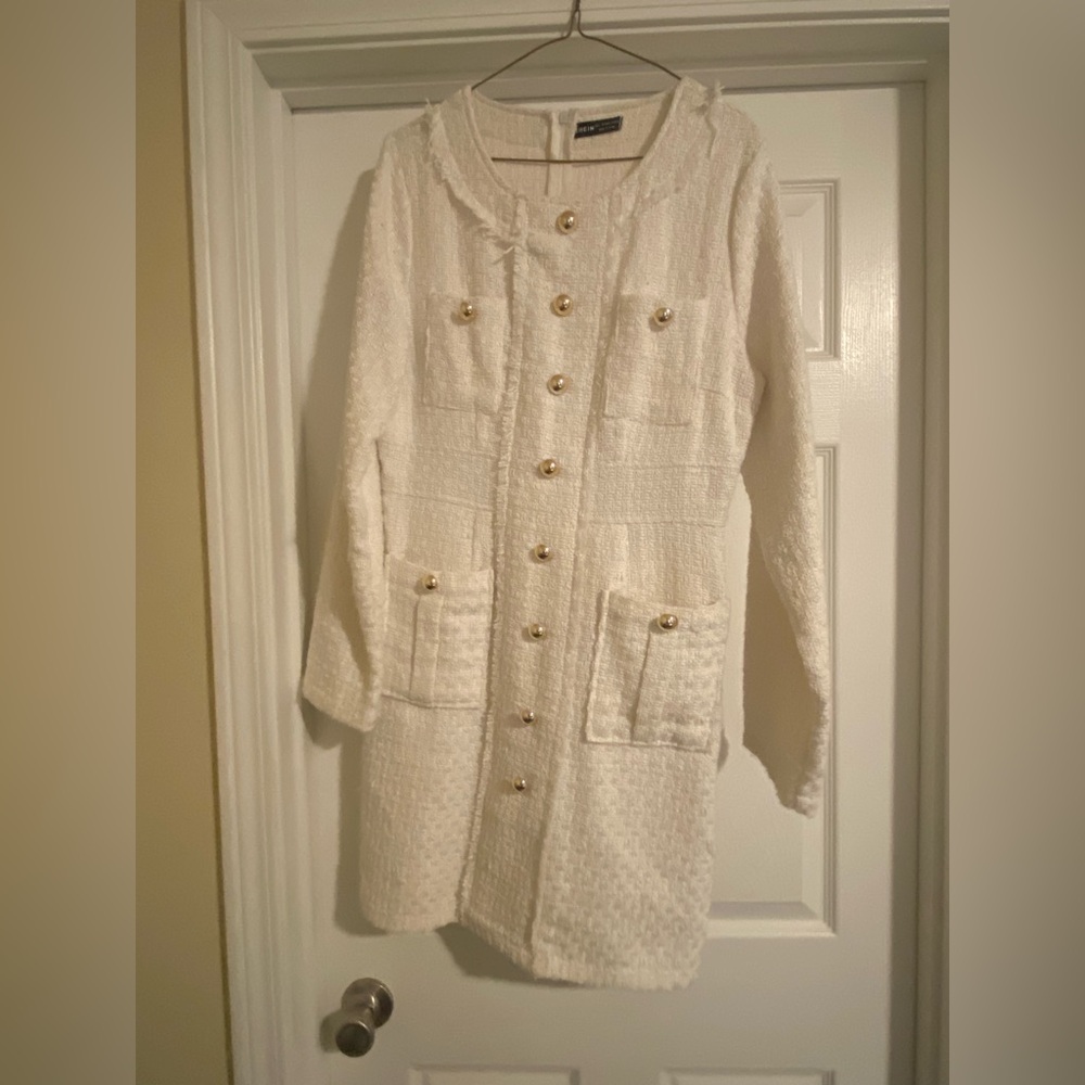 SHEIN White Tweed Dress with Gold Buttons